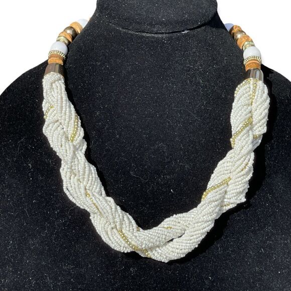 Fashion Jewelry White Beaded Wood Twist Necklace - Picture 1 of 4